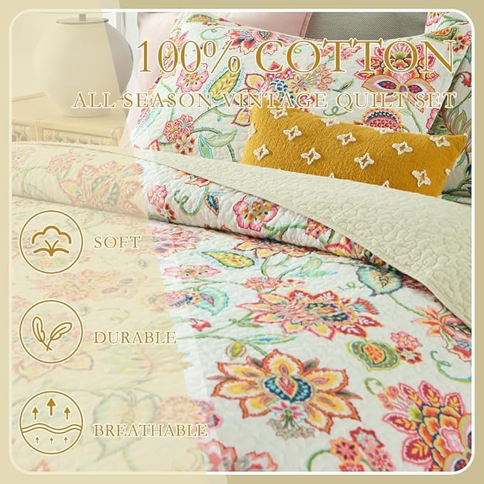 Cotton Bedspread Bedding Coverlet Quilt Sets, Reversible Vintage Branch Floral Bedspread comforters,(Vintage Floral White Pattern, King Size)