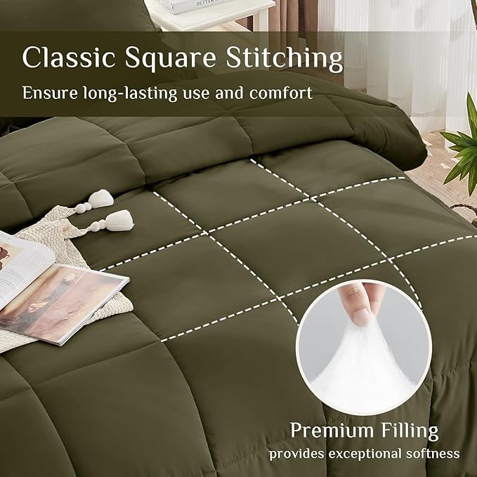 JOLLYVOGUE Queen Comforter Set, Ultra-Soft Bed in a Bag Queen Size 7 Pieces, Oeko-TEX Certified Bedding Set with Down Alternative Comforter, Sheets, Pillowcases & Shams, Olive Green