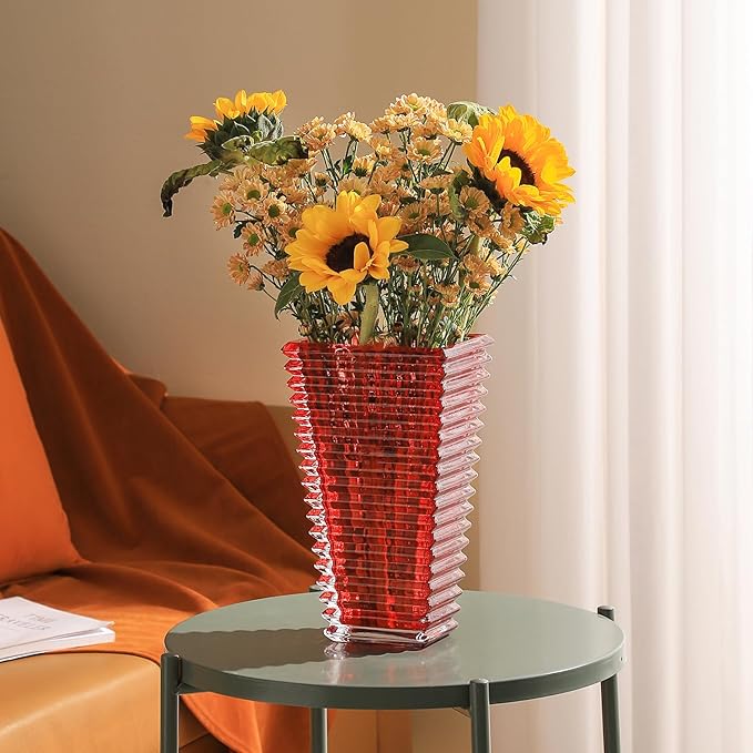 MCMCNCUIU Crystal Glass Vase, Large Crystal Vases for Flowers, Large Flower Vase, Red Modern Vases for Living Room, Bedroom, Kitchen, Dining Table, Mantle, Wedding, 11 Inches