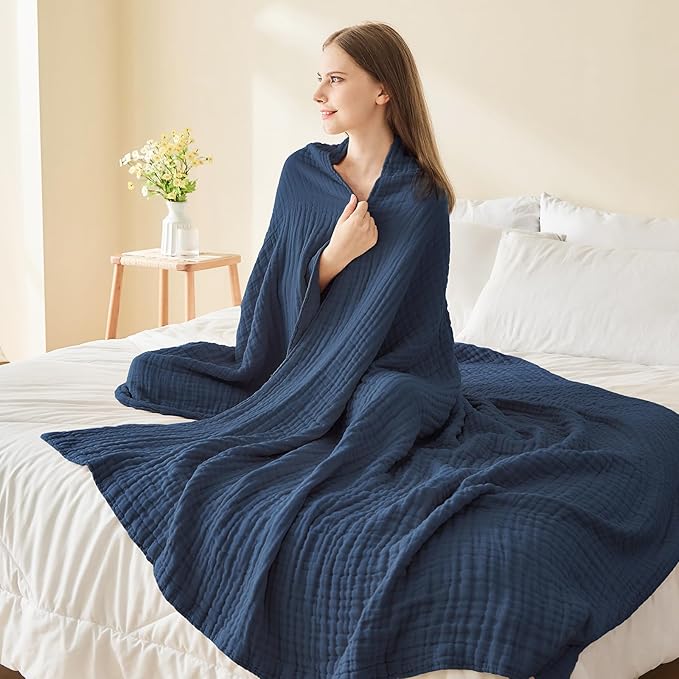 EMME Cotton Blanket Twin XL for Bed Soft Muslin Blankets 66"x90" Lightweight Breathable Layering Bedspread Coverlet All Season Gauze, Navy