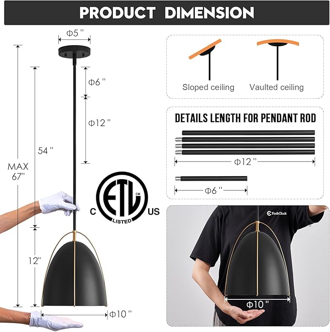 Black Dome Pendant Light 10in Kitchen Island Pendant Lighting Modern Black & Gold Ceiling Pendant Light Fixture for Kitchen Sink Dining Room, E26