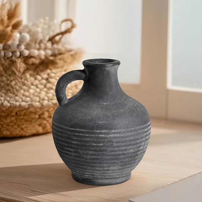 Black Ceramic Vase, Rustic Farmhouse Vase with Handle, 6 inch Terracotta Clay Small Vases, Centerpieces for Dining Table, Living Room, Bedroom, Entryway, Shelf Decor