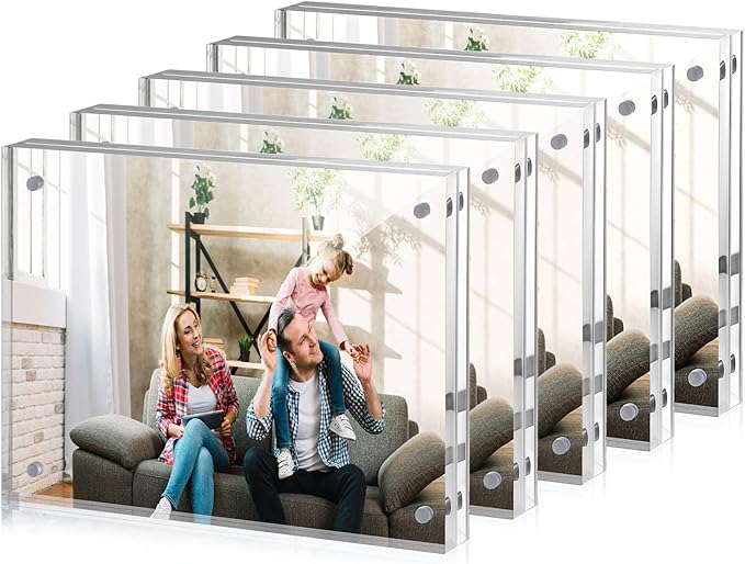 JOHOUSE 5 Pack 5 x 7 Acrylic Picture Frames, Double Sided Magnetic Photo Frames Self Standing Frameless Transparent for Desktop Display Gifts for Women