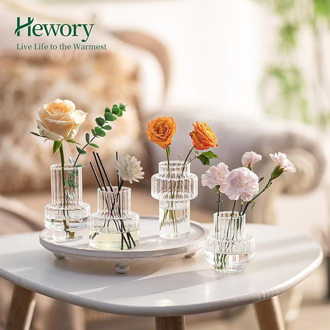 Hewory Ribbed Bud Vases for Centerpieces: Set of 4 Small Clear Glass Vase for Bridal Baby Shower Home Decor - Modern Table Decoration for Wedding & Event Planners