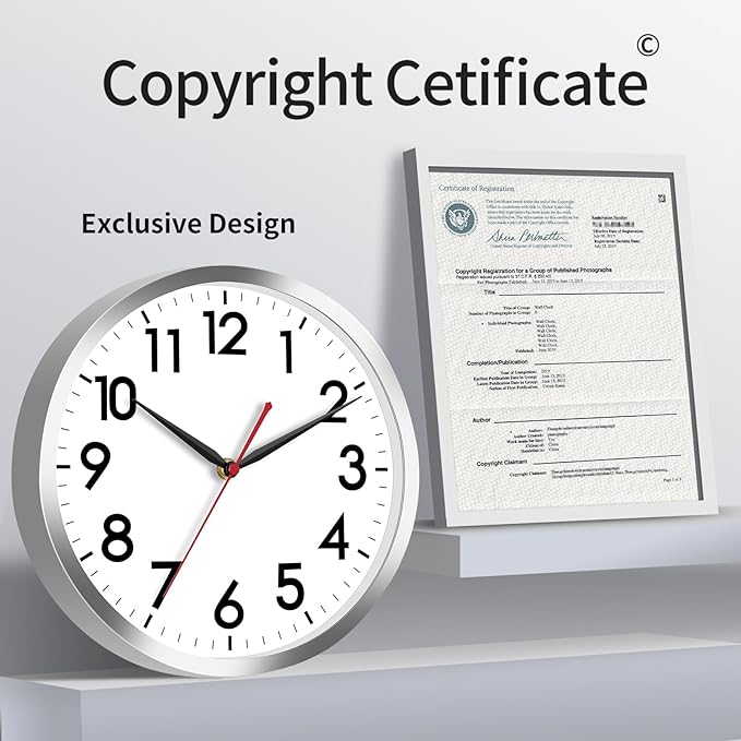 AKCISOT Wall Clock 10 Inch Silent Wall Clocks Battery Operated Non Ticking - Modern Silver Clock Decorative for Kitchen, Bathroom, Bedroom, Living Room, Office, Home(Silver)