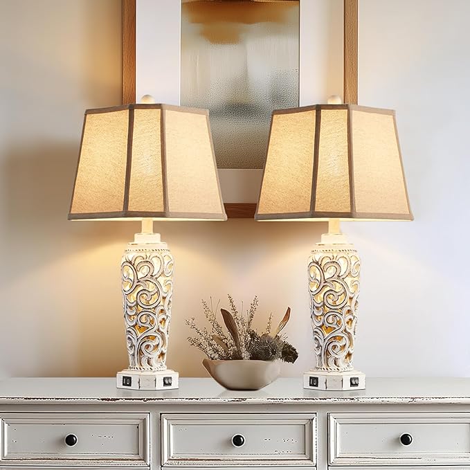 27" Rustic Table Lamps Set of 2 for Living Room with USB A+C Ports, Vintage Nightstand Bedroom Lamp with Hollow Nightlight