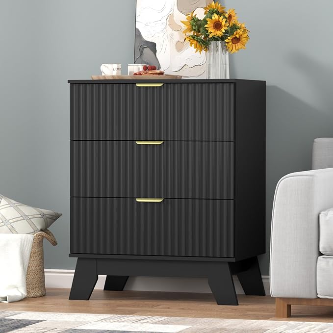 Fluted Dresser for Bedroom,3 Drawer Dresser for Closet,Storage Cabinet and Chest of Drawers with Gold Handle,TV Stand,Storage Organizer for Living Room,Hallway,Entryway,Black