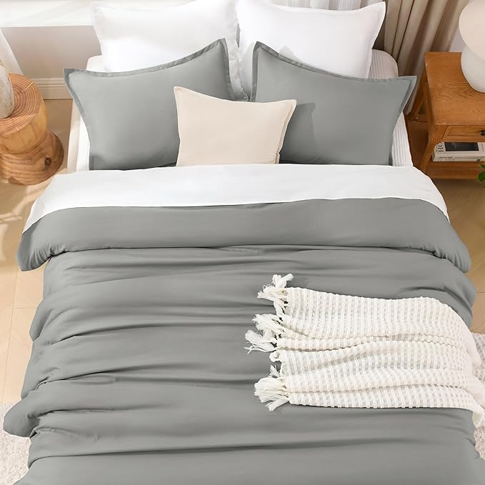 Litanika Comforters Medium Gray Oversized King Size, 3 Pieces Lightweight Solid Bedding Set & Collections, All Season Fluffy Bed Set (120x98In Comforter & 2 Pillowcases)