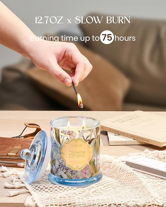 M&SENSE Jasmine Scented Candles, Organic Soy Candle 12.7oz 75 Hour Long Lasting Slow Burning, Highly Scented Good Smelling Aromatherapy Candle, Aaesthetic Candle Gift for Women