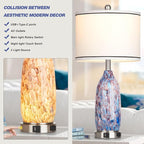 26" Coastal Glass Table Lamps Set of 2 for Living Room, 3 Way Touch Bedside Lamp for Bedroom, Nautical Beachy Lamp with USB A+C Ports and AC Outlet for Nightstand, 2 LED Bulbs Included