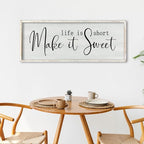 ZZJJHYWGQ Life is Short Make It Sweet Sign Wall Decor 32"×12" for Bedroom Family Lnspirational Quote Large Wood Framed Wall Hanging Art (White)