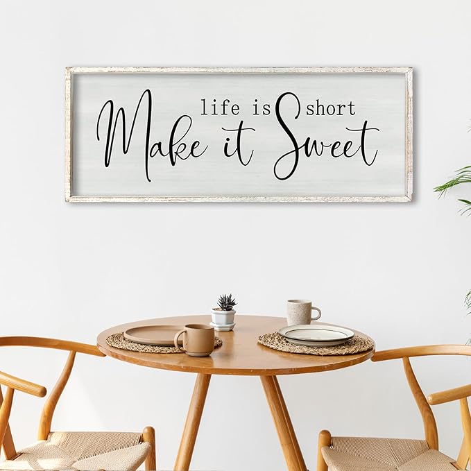 ZZJJHYWGQ Life is Short Make It Sweet Sign Wall Decor 32"×12" for Bedroom Family Lnspirational Quote Large Wood Framed Wall Hanging Art (White)