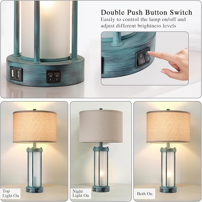 RORIA Set of 2 Rustic Table Lamps for Living Room with 2 USB Ports, Farmhouse Vintage Nightstand Lamp with White Glass Nightlight, Retro Desk Lamps for Bedroom End Table, Bulbs Included(Retro Green)