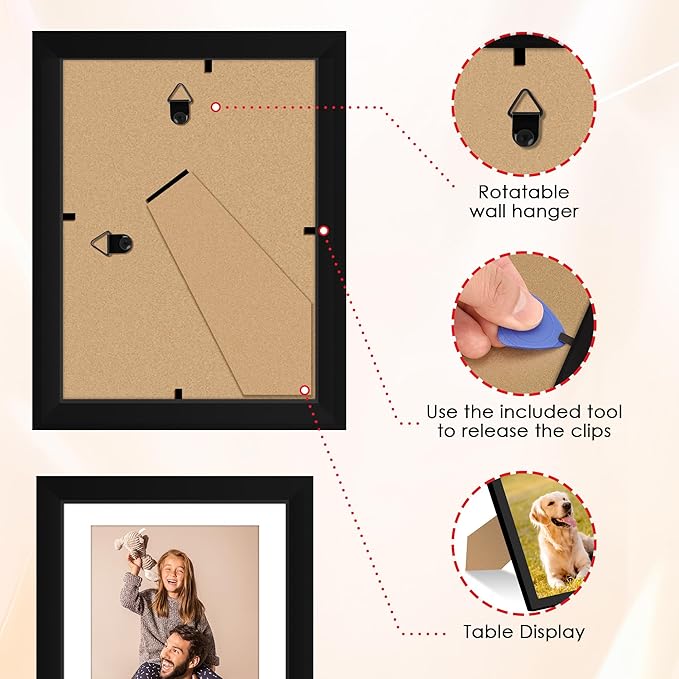 FIXSMITH 6x8 Picture Frame Set of 4, Photo Frame with HD Plexiglass, Display Pictures 5x7 with Mat or 6x8 Without Mat Multi Picture Frames Collage for Tabletop or Wall Display, Black