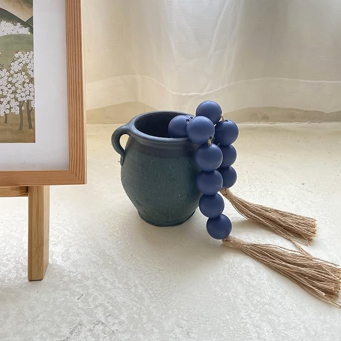 OMISHE Extra Large Wood Bead Garland in Navy Blue with 1.6" Diameter Wooden Beads and Tassels, 41" Long Rustic Farmhouse Country Decorative Beads for Home Wooden Decor, Navy Blue