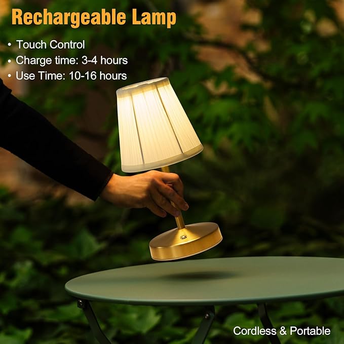 5w Led Cordless Mini Lamps,3000 mah Battery Operated Lamp,3 Color Temperature Dimmable Table Lamp,Gold Rechargeable Table Lamp Fabric,Aesthetic Small kitchen Lamp for Counter,Restaurant,Bar,H9.8"