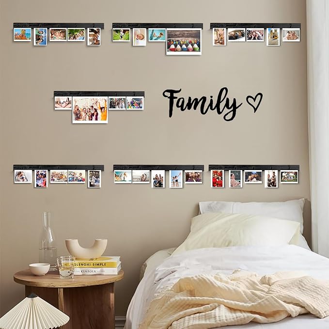 6 Picture Frames Collage Wall Decor With 30 Clips, Wood Photo Frame, No Drilling Required, Adhesive Stickers, Easy to Install, Black.