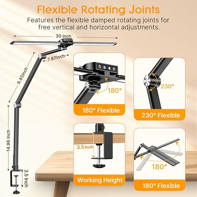 Syrinx LED Desk Lamp with Clamp, Double Head Desk Lamps for Home Office with Gesture Sensor Switch and Touch Control, 24W Eye-Caring Architect Desk Lamp with 25 Light Modes Adjustable Desk Light