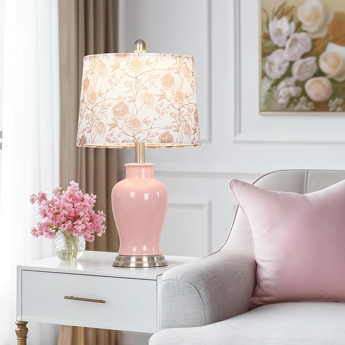 Pink Ceramic Table Lamp with Flower Lampshade, 23" Cute Bedroom Lamp with Ginger Jar Design, Modern Living Room Lamps Set 2, Elegant Bedside Lamps for Nightstand End Table Home Decor