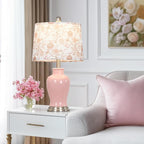 Pink Ceramic Table Lamp with Flower Lampshade, 23" Cute Bedroom Lamp with Ginger Jar Design, Modern Living Room Lamps Set 2, Elegant Bedside Lamps for Nightstand End Table Home Decor