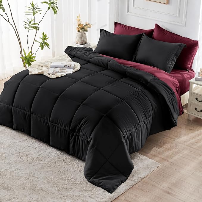 JOLLYVOGUE Twin XL Comforter Set, Ultra-Soft Bed in a Bag Twin XL Size 5 Pieces, Oeko-TEX Certified Bedding Set with Down Alternative Comforter, Sheets, Pillowcases & Shams, Burgundy & Black