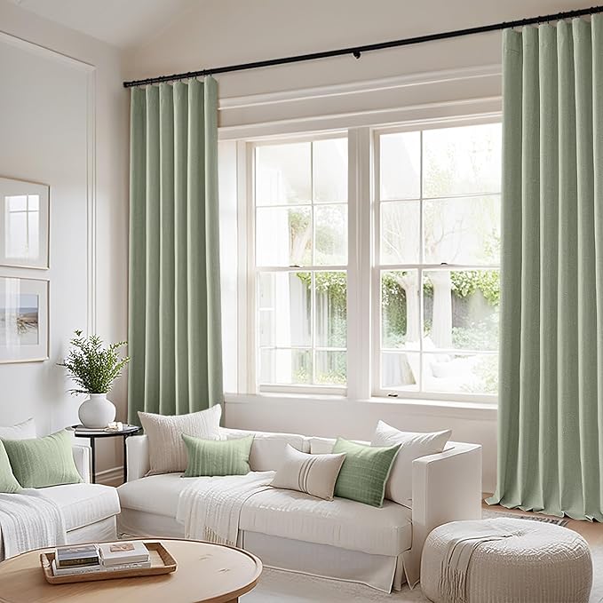 MIULEE 100% Blackout Curtains 84 Inch Long 2 Panels for Bedroom, Thick Luxury Faux Linen Black Out Curtain Room Darkening Back Tab Pleat Window Textured Drapes with Hooks for Living Room, Sage Green