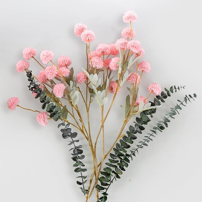 6 Artificial Silk Flowers + 3 Eucalyptus, Artificial Chrysanthemums with Stems for Home Decor, Pink