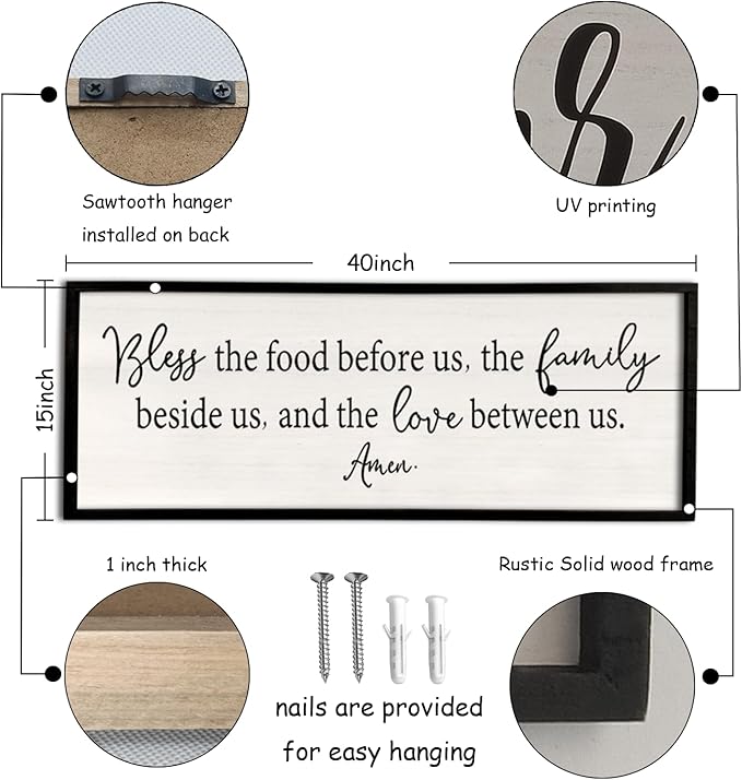 Bless the Food Before Us Sign Wall Decor 40"X15" Large Farmhouse Dining Room Wall Decor Framed Wood Rustic Home Wall Art Kitchen Decoration (Black)