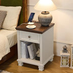 Farmhouse Side Table Set of 2 with Charging Station, Rustic Wood End Table with Drawer, Small Nightstands with Open Shelf for Bedroom, End Tables for Living Room, White