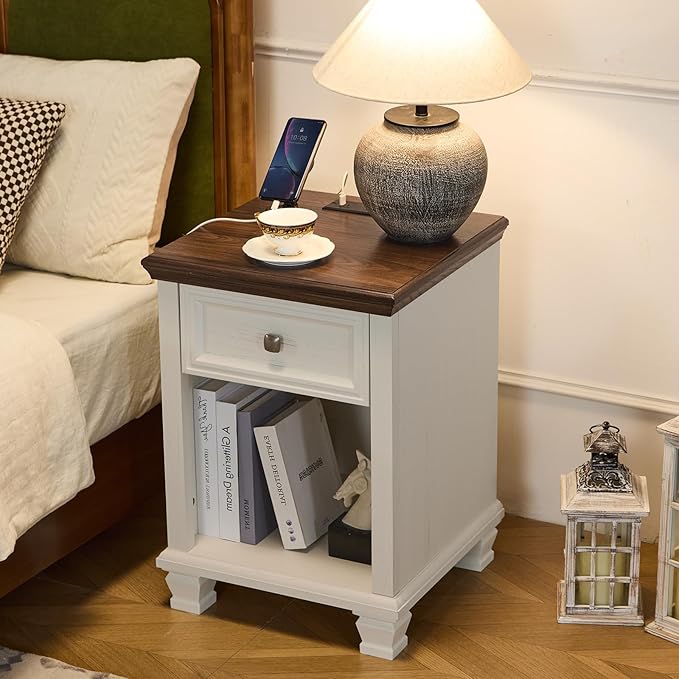 Farmhouse Side Table Set of 2 with Charging Station, Rustic Wood End Table with Drawer, Small Nightstands with Open Shelf for Bedroom, End Tables for Living Room, White