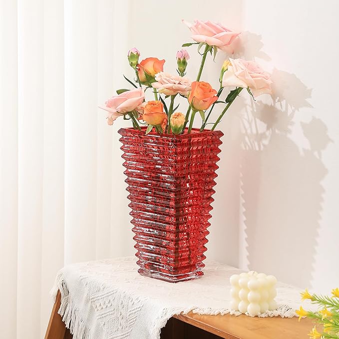 MCMCNCUIU Crystal Glass Vase, Large Crystal Vases for Flowers, Large Flower Vase, Red Modern Vases for Living Room, Bedroom, Kitchen, Dining Table, Mantle, Wedding, 11 Inches