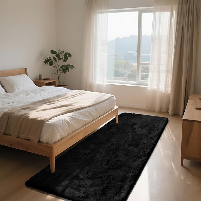 Soft Runner Rugs for Bedroom, Black 2x6 Area Rugs Fluffy Rug Shaggy Area Rug Carpet, Bedside Rug for Living Room Bedroom Kids Room Home Decor