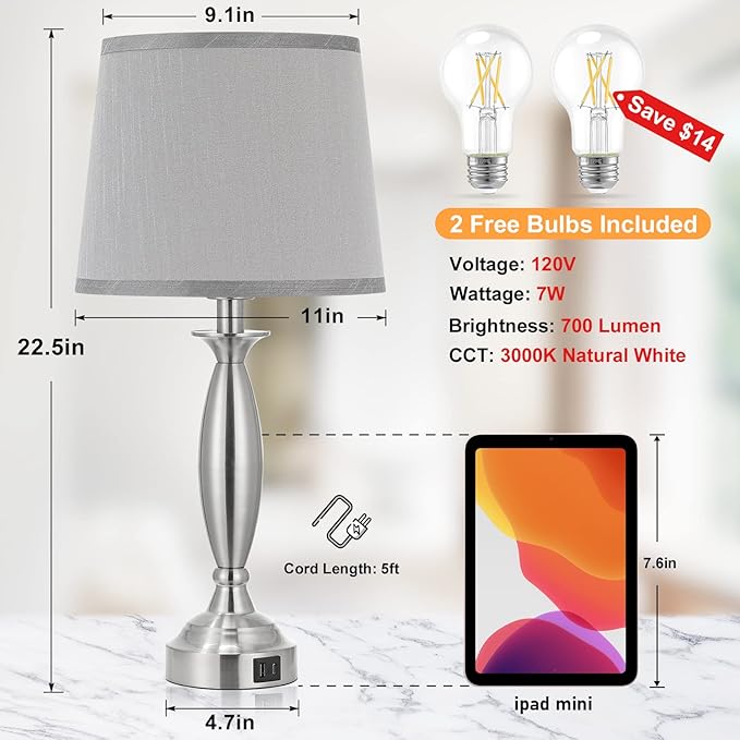 Seealle Lamps for Bedrooms - Touch Control Bedside Lamp with USB C+A, 3 Way Dimmable Nightstand Lamps with USB Port, Brushed Nickel Table Lamp for Living Room Guest Room Bed Side End Table(Single)