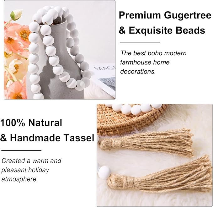 OMISHE 59in Wood Bead Garland with Tassels, Decorative Beads, Farmhouse Wooden Beads Garland for Wall Hanging Home Festival Decor, White
