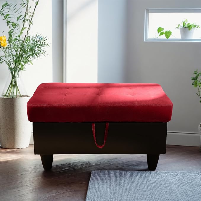 Ottoman Rectangular Storage Ottoman Bench, Flannel Footrest Stool Footstool with Lid for Living Room, Bedroom, Entryway, Red&Black, 35"x23.5"x17.5"