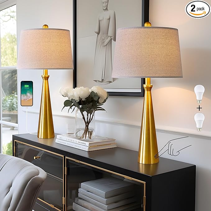 Oneach 25.75" 3-Way Dimmable Touch Control Modern USB Table Lamp Set of 2 for Living Room Bed Room Bedside Nightstand Lamps Fabric Shade Vintage Accent Light Gold Antique Brass