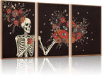 KAIRNE Gothic Skull Wall Art,Halloween Skeleton Canvas Set of 3(16”x24”),Scary Skull Painting,Horror Floral Botanical Prints,Romantic Spooky Halloween Wall Art for Living Room Bedroom Goth Party Decor