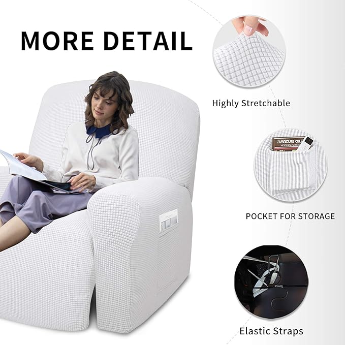 Easy-Going 4 Pieces Oversized Recliner Stretch Sofa Slipcover Sofa Cover Furniture Protector Couch Soft with Elastic Bottom Polyester Spandex Jacquard Fabric Small Checks Snow White, X-Large