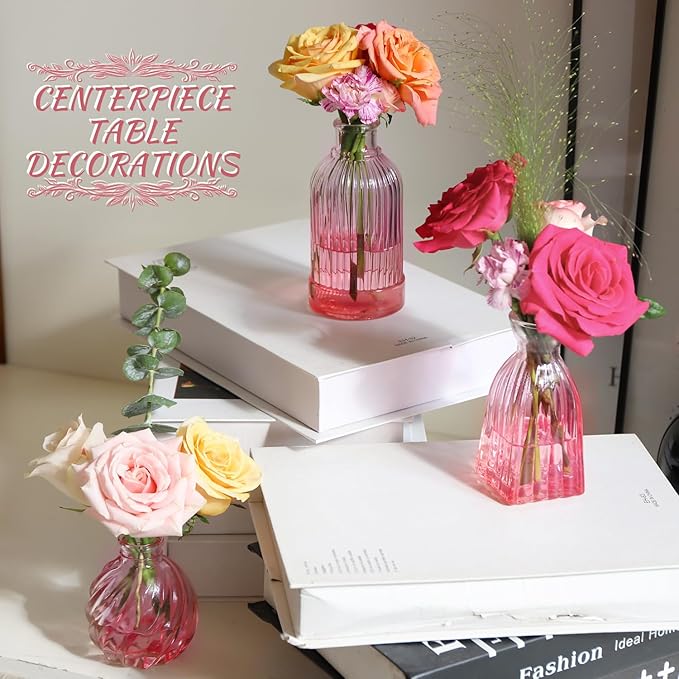 Pink Vase, Glass Bud Vases Set of 12, Small Pink Glass Vases for Flowers Colored Ribbed Flower Vase for Decor Bud Vase in Bulk Vintage Decor Bridal Shower Wedding Centerpieces Home Table Decoration
