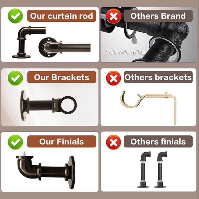 Brown Curtain Rods 18 to 45 Inch, Industrial Curtain Rods,Adjustable Length,1 in Diameter Pipe,Wall or Ceiling Mounted,for Bedroom and Living Room(Antique Bronze 18” to 45”)