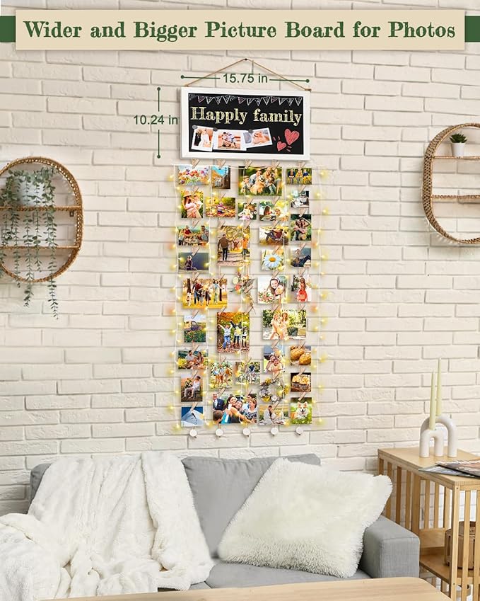 Bikoney Large Picture Board Picture Frames Collage Photo Hanging Display Wood Rustic Frames for Wall Decor and Dorm Room Decor with Blackboard Self Adhesive Hooks No Holes Drilling