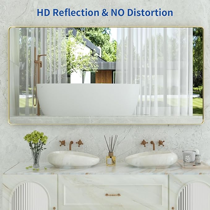 WEER Gold Bathroom Mirror, 72X36 Inch Brushed Gold Metal Frame Mirror, Rounded Rectangle Gold Bathroom Vanity Mirror for Wall, Tempered Glass, Anti-Rust, Hangs Horizontally or Vertically