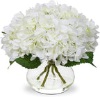 Hollyone Hydrangea Artificial Flowers with Vase White Silk Fake Flowers Arrangements in Glass Vase with Faux Water for Home Bathroom Office Table Centerpiece Shelf Decorations