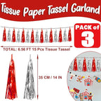 3P Red Silver Foil Fringe Metallic Tassel Streamers Banner Tassel Garland for Parade Floats, Bachelorette, Wedding, Birthday, Halloween, Christmas, Bridal/Baby Shower Party Decorations