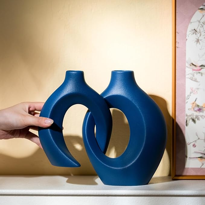 Levvohd Snuggle Hollow Ceramic Vase Set of 2, 8.4 inch Modern Nordic Coastal Shaped Pampas Grass Aesthetic Decorative Table Vases for Home Decor (Matte Navy Blue - M)