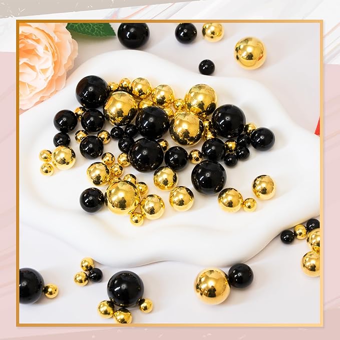 300Pcs Vase Filler Black Brightgold No Hole Faux Pearl Beads for Vase Filling Decorations, Candle Centerpieces, Wedding Centerpieces, Home Party Decor (8/14/20mm)