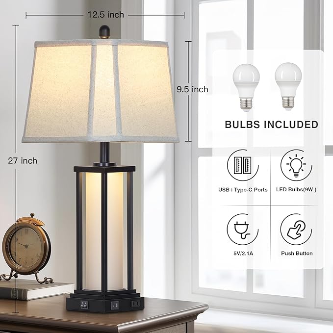 27" Tall Vintage Table Lamp Set of 2 with USB C+A & Outlet,Black Industrial End Table Lamp for Living Room,Farmhouse Rustic Bedside Lamps with Bell Lampshades for Bedroom Nightstand,Black