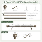 2 Pack Silver Curtain Rods for Windows 28 to 48 Inch,1'' Diameter Drapery Rods with Leaf Pattern Finials,Boho Adjustable Heavy Duty Curtain Rods Set,18-60'',Retro Silver