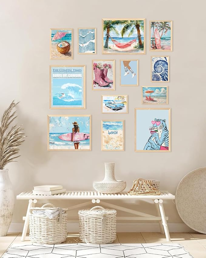 KBKBART Coastal Cowgirl Room Decor Aesthetic Set of 13, Coastal Granddaughter Prints For Wall Decorations, Preppy Cowgirl Wall Art, Blue Beach Room Posters For Teen Girls Bedroom Decorations (Unframed)