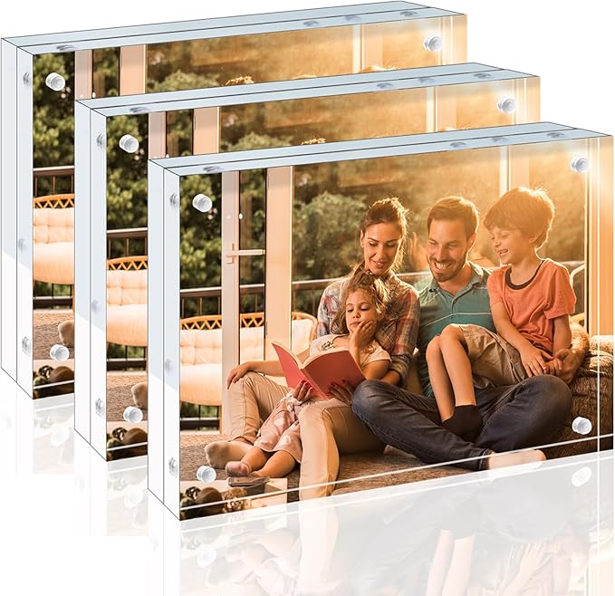 Egofine 4x6 Acrylic Frames 3 Pack, 20mm Thicker Frameless Clear Picture Frames, Double Sided Magnetic Picture Frames, Free Standing Desktop Display